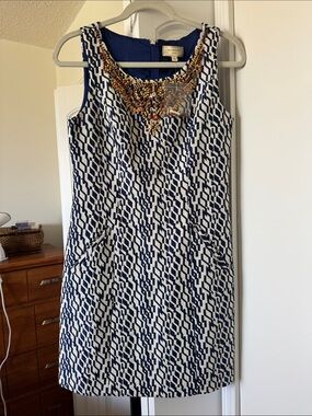 Moulinette Soeurs Navy & White Geometric Beaded-Neckline Shift Dress